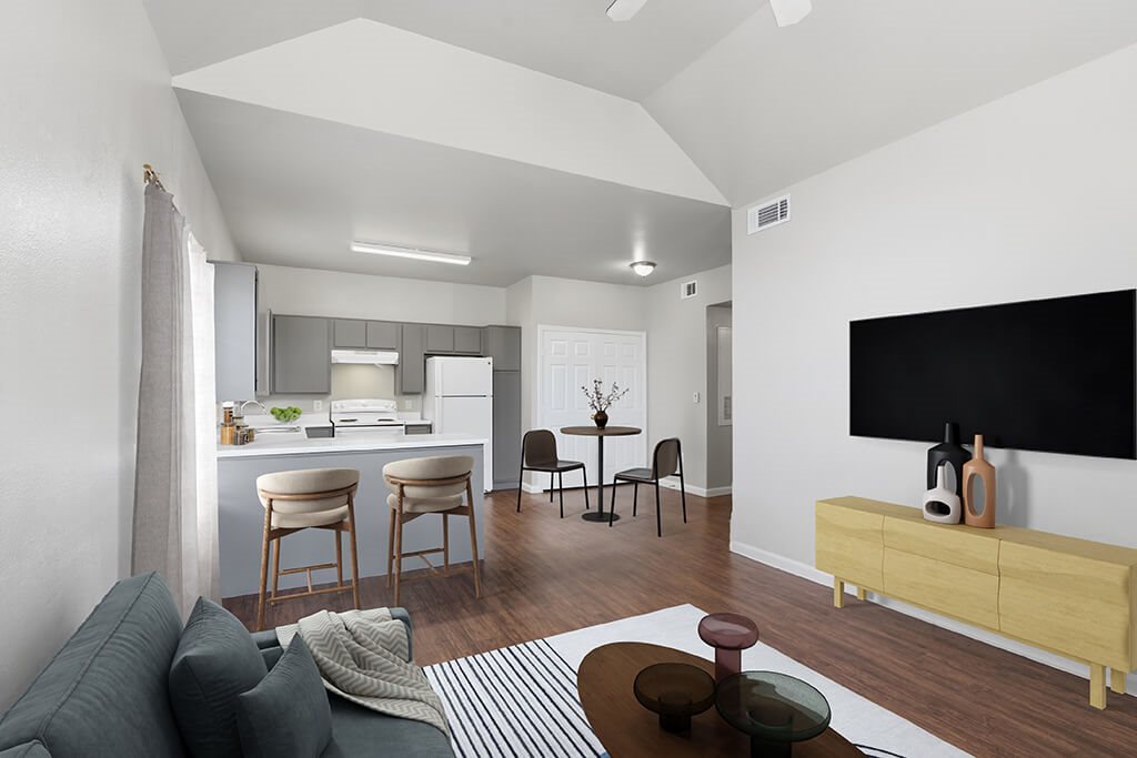 Modern living room at Almeda Park Apartments in Houston TX